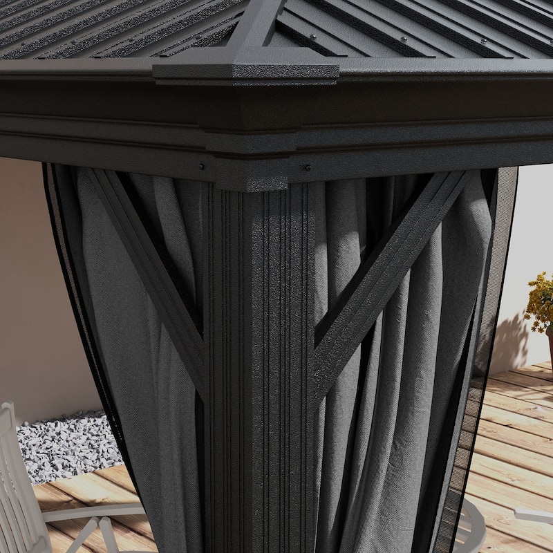 Outsunny 10' x 10' Hardtop Gazebo with Curtains and Netting, Permanent Pavilion Metal Double Roof Gazebo Canopy with Aluminum