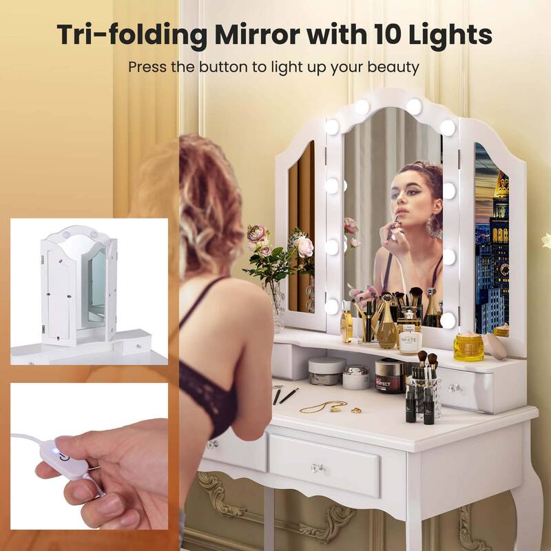 Costway Makeup Vanity Set with Tri-Fold Mirror & LED Lights 4 Drawers - See Details