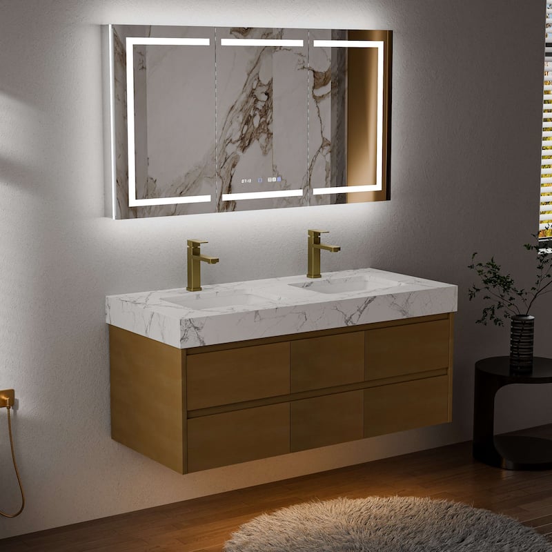 Modland 48" Floating Bathroom Vanity with Single/Double Sink, Modern Maple Wood Wall Mounted Vanity with Marble Countertop