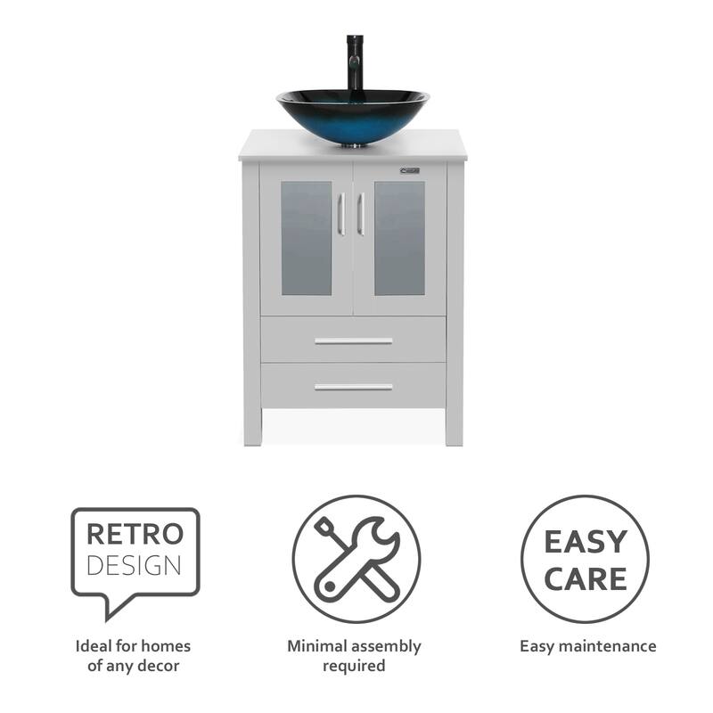 Eclife 24" Bathroom Vanity Gray Set Glass/ Ceramic Vessel Sink Cabinet Faucet Drain Combo Free Standing