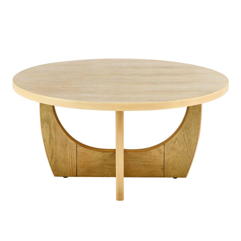 Mid-Century Modern Coffee Table Round Coffee Table with Ash Wood Grain Finish and Curved Legs, for Living Room