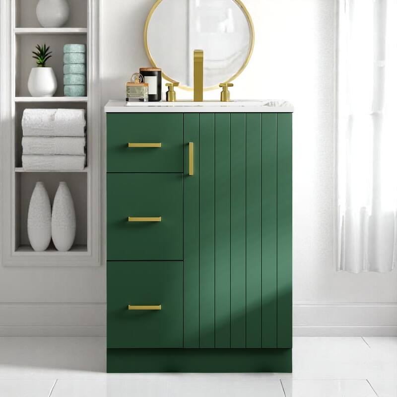 Small 24 Inch Bathroom Vanity Cabinet with Sink, 2 Drawers, Soft-Closing Door & Undermount Ceramic Sink - Green