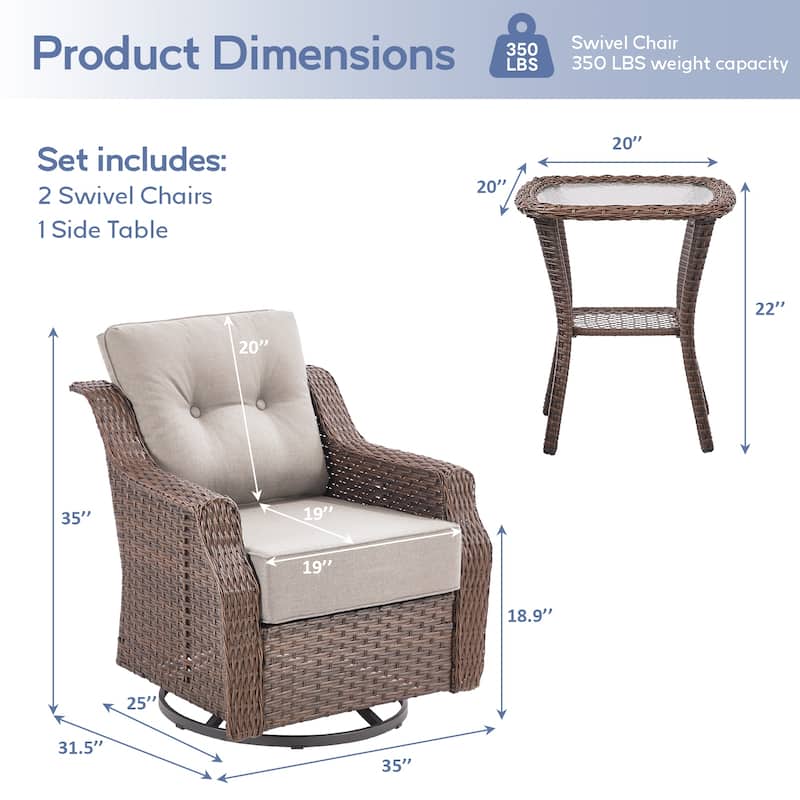 3 Pieces Swivel Chairs with Side Table - Beige Cushion - Brown