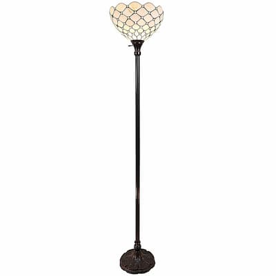 Brown Metal Torchiere Floor Lamp with Stained Glass Bowl Shade - 14" x 14" x 62" (D x W x H)
