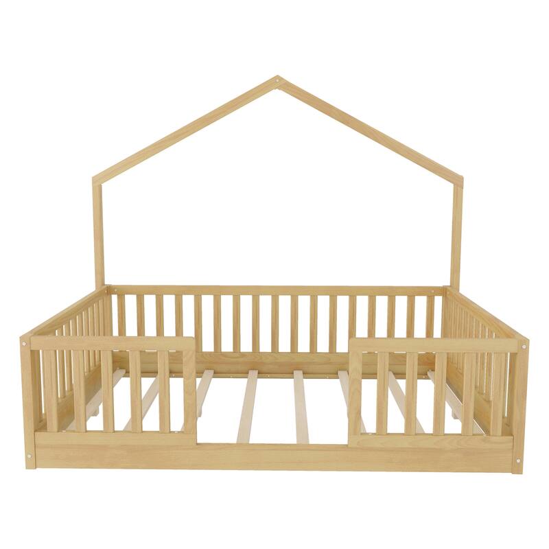 Wooden Floor Bed House-shaped Frame, Montessori Floor Bed with Light and High Rails, Wood Slat Support Floor Daybed