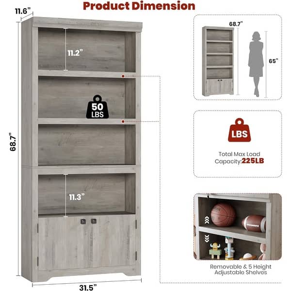 Farmhouse Bookcase with 2 Doors & Adjustable Shelves - Open Display ...