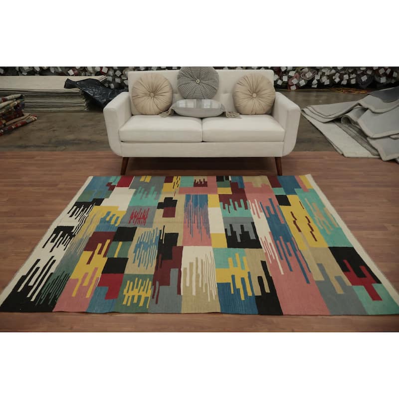 Hand Woven Oriental 100% Wool Carpet Southwestern Modern Multi-Colored Kilim Area Rug - 6' 7'' X 5' 3''