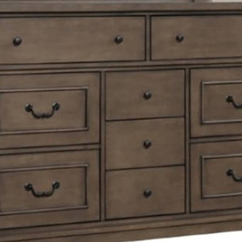 Huder Wide Dresser, 9 Drawers, Dark Walnut Brown Solid Wood, Black