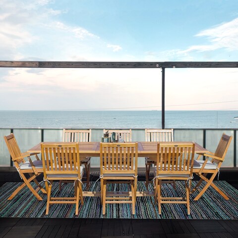Seven Seas Teak 9 Piece Teak Wood Santa Monica Patio Dining Set, Rectangular Extension Table, 8 Folding Arm & Side Chairs