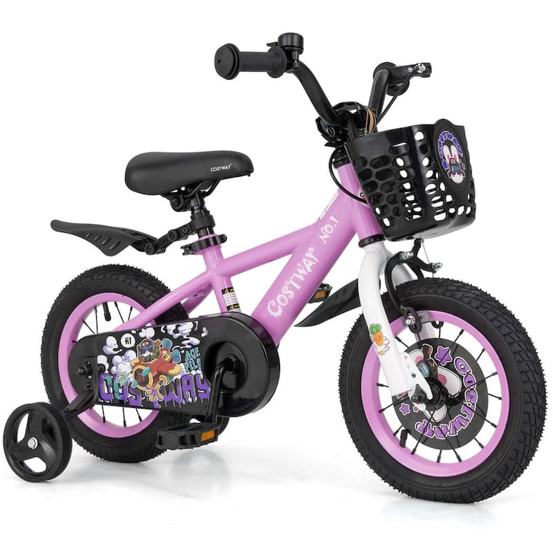 12'' Child Bike Kids Bicycle w/ Adjustable Height &Training Wheels - Purple