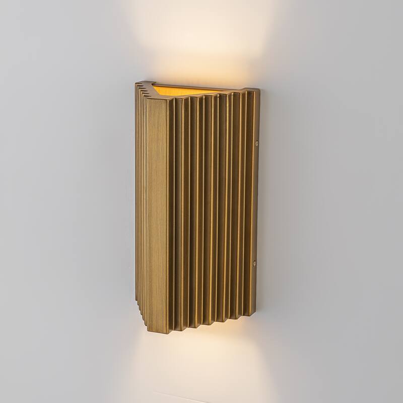 2-Light Industrial Antique Gold Outdoor Integrated LED Wall Sconce - H11" x W6.3" x D5"