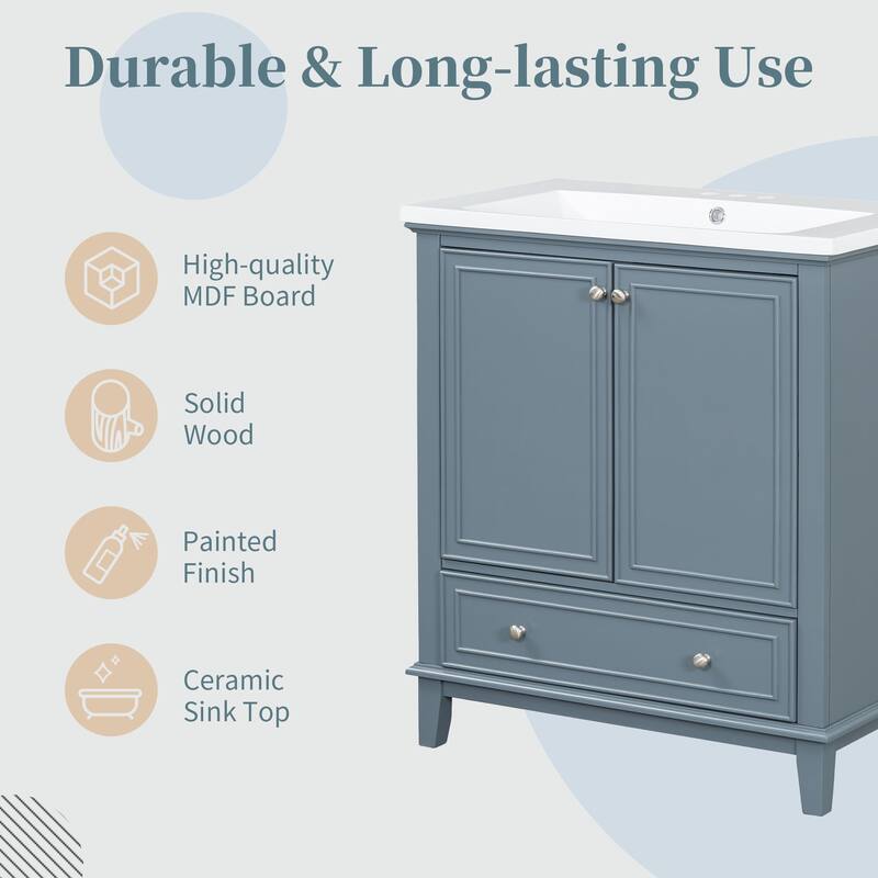 30" Bathroom Vanity W/Sink Combo, Multifunctional Bathroom Ceramic Sink Cabinet With Doors And Drawer, Removable Panel
