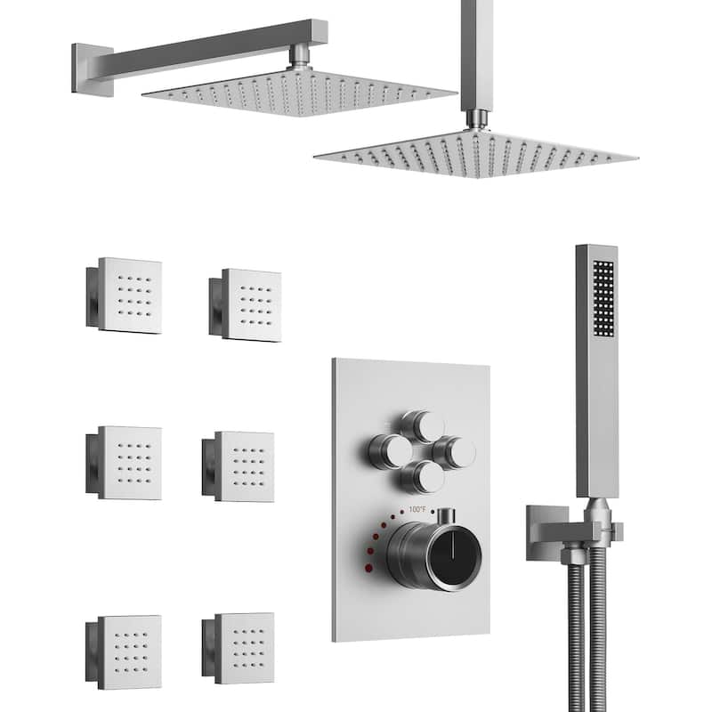 GRANDJOY Thermostatic Shower System Rainfall Dual Shower Heads 12 inch Ceiling and Wall Mount Body Jets Handheld Spray Combo - Brushed Nickel