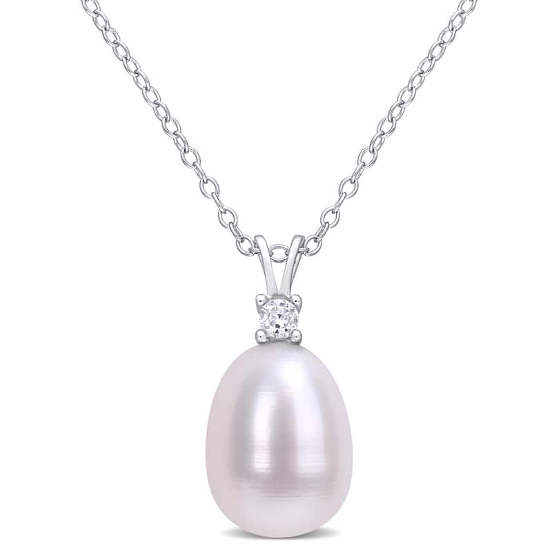 Miadora Sterling Silver Rice Cultured FW Pearl and Created White Sapphire Drop Necklace (8-8.5mm)