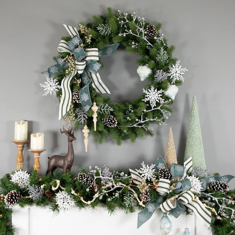 Set of 2 Green Sky Blue Textured Snowflakes Onion Christmas Glass Ornaments 4"