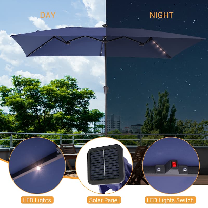 LIVOOSUN 11x7Ft/10x6.5ft LED Large Double-Sided Rectangular Outdoor Patio Market Umbrella with Crank, Navy Blue