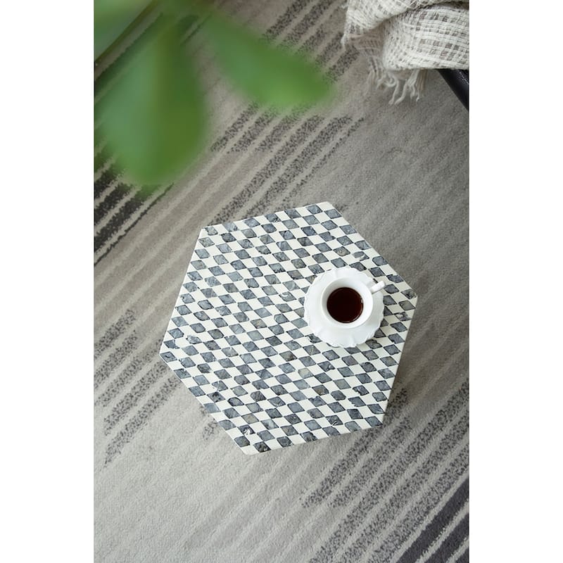 Hexagon Capiz Inlay Stool - 16.5" - Black and White