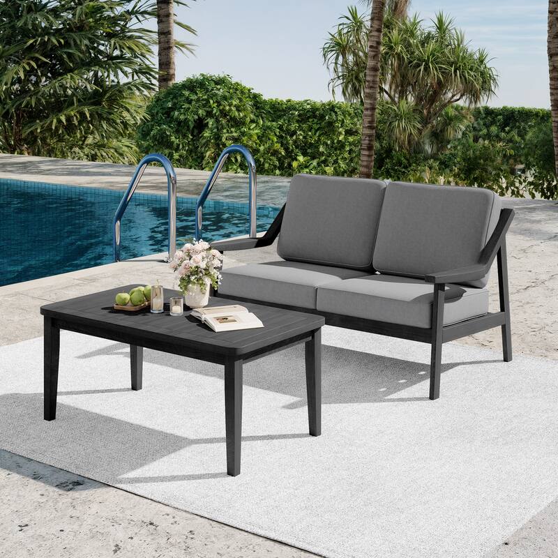 2-piece Brown/ Black Teak Cushioned Patio Loveseat Set with Coffee Table - BlackFrame-Grey