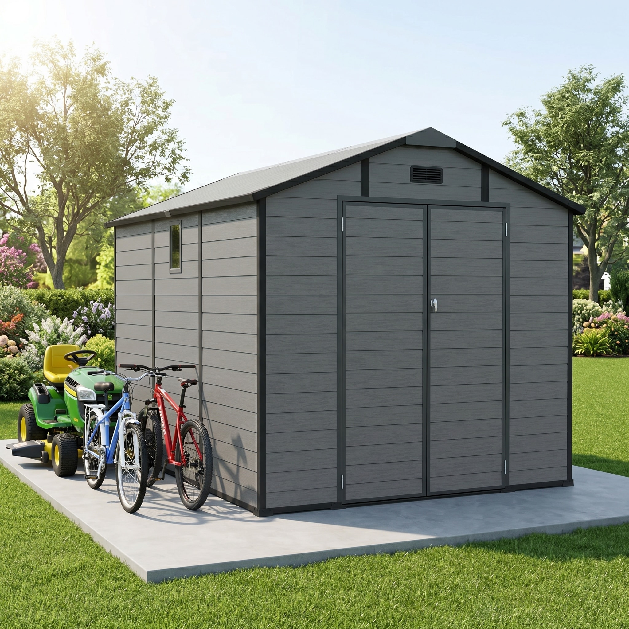 8x10 FT Resin Outdoor Storage Shed with Floor, Lockable Double Doors, Windows and Skylight
