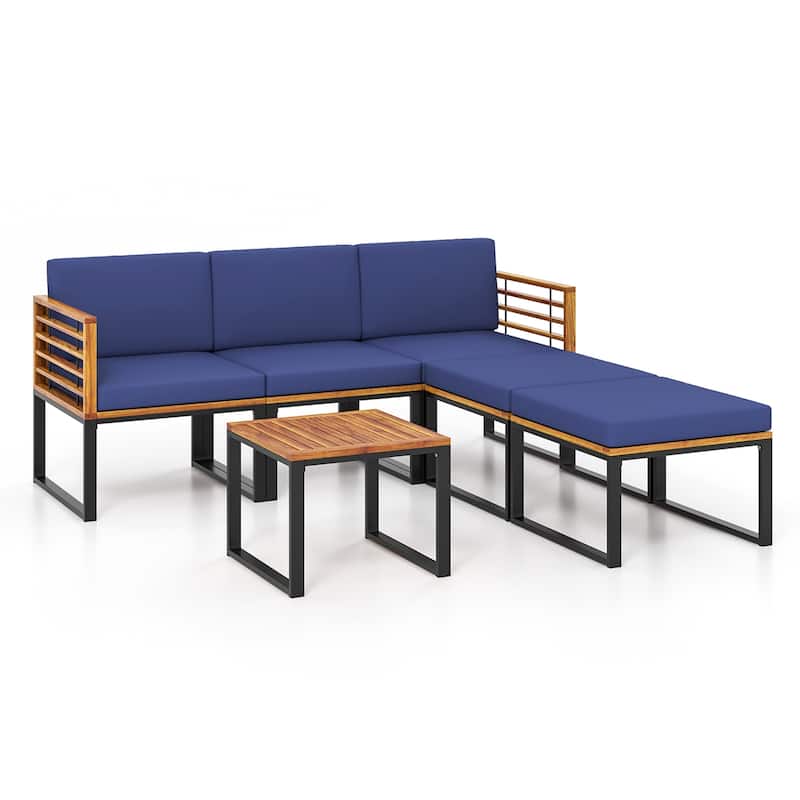 Costway 6pcs Patio Acacia Wood Conversation Sofa Seat Set Ottomans - See Details