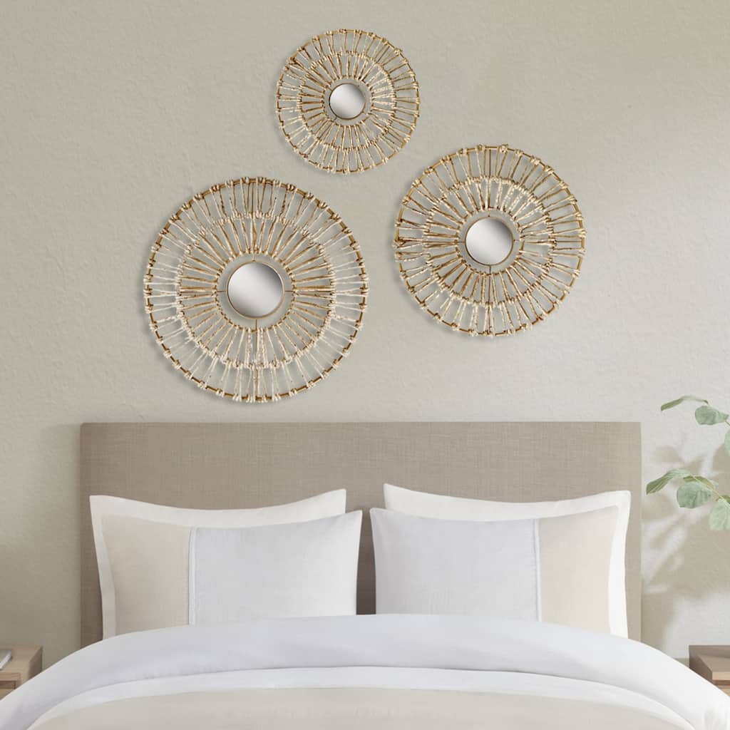 Roomfitters 3-Piece Round Natural Corn Husk Woven Wall Decor Set with Center Mirror, Modern Boho Style, Neutral