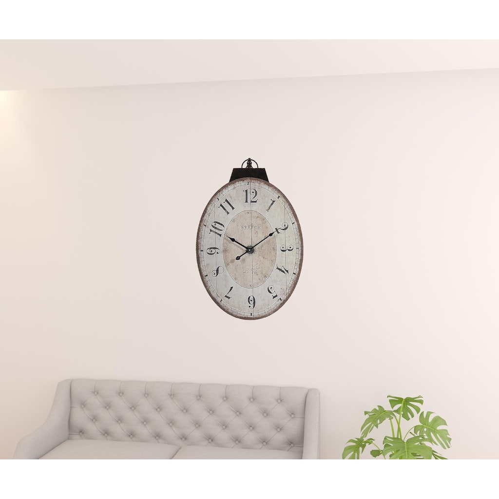 HomeRoots 18" Oval Ivory Wood Analog Wall Clock - 17.70 in. x 29.00 in. x 1.20 in.