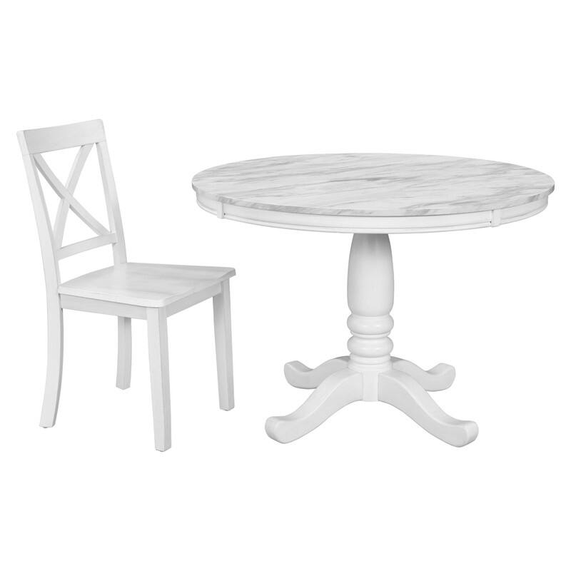5Piece Round Dining Table Set with Faux Marble Dining Table and Four Upholstered Dining Chairs