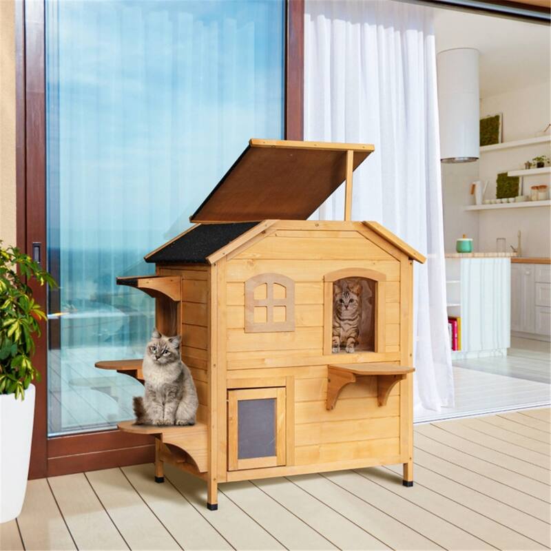 Wooden Cat House with Multi-Level Design, Waterproof Roof, and Fun Entrances for Indoor/Outdoor Use - Natural
