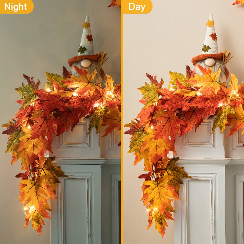 Glitzhome Thanksgiving LED Lighted Fall Maple Leaves Wreath & Garland with Timer