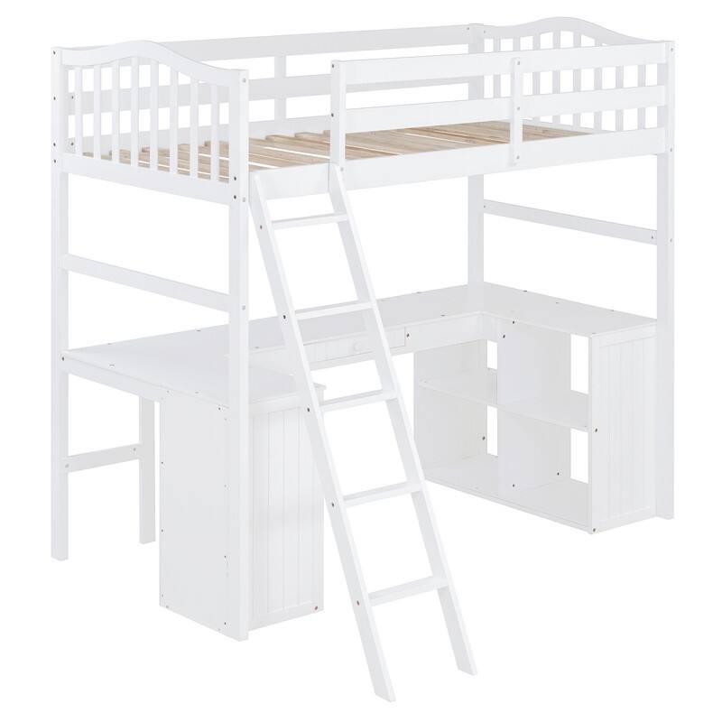 Twin size Loft Bed with Drawers, Cabinet, Shelves and Desk, Wooden Loft Bed with Desk - White