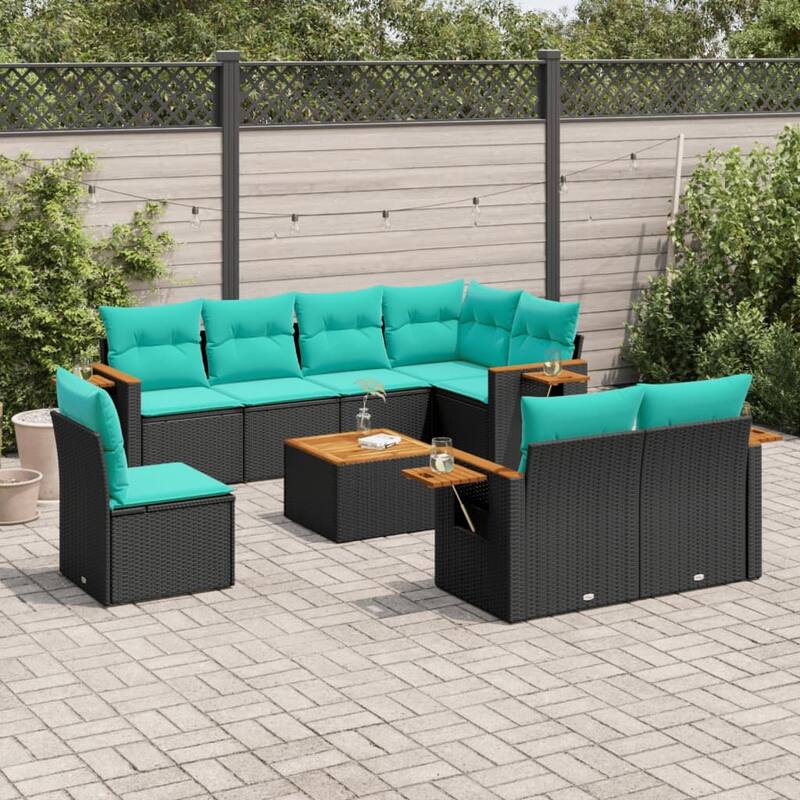 vidaXL 8 Piece Patio Sofa Set with Cushions Black Poly Rattan - 21.7x27.2x24.4-With table