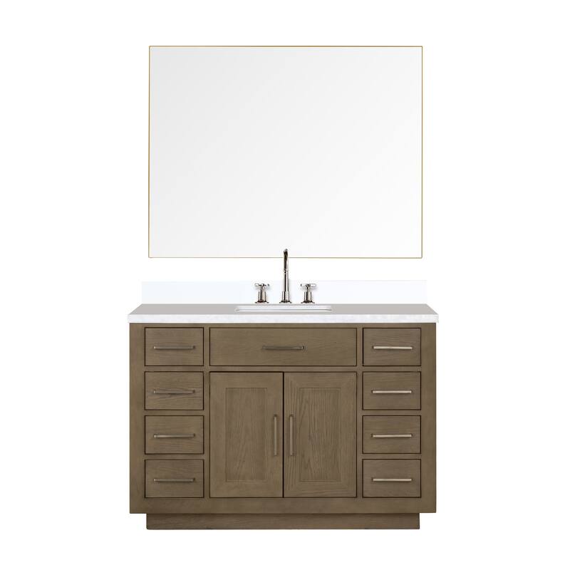 Abbey 48 in W x 22 in D Black Oak Single Bath Vanity, White Quartz Top, Faucet Set, and 46 in Mirror