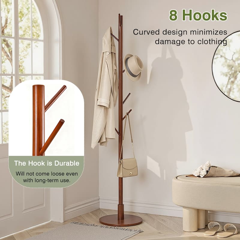 VECELO Brown Height Adjustable Bamboo Tree Coat Rack with 8 Hooks Round Base Freestanding Clothing Rack for Small Spaces