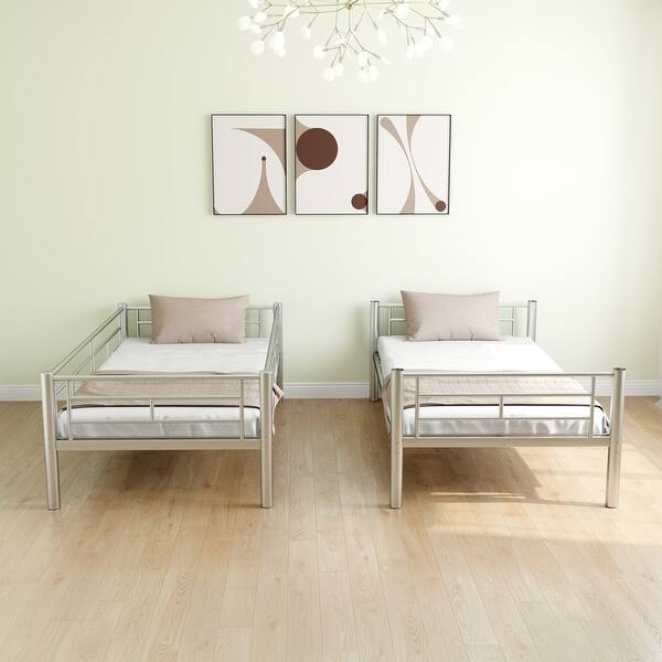 slide 2 of 11, Twin Over Twin Metal Bunk Kids Bed Frame, Split Design, High Guardrail, Storage, Grey Silver Grey Silver