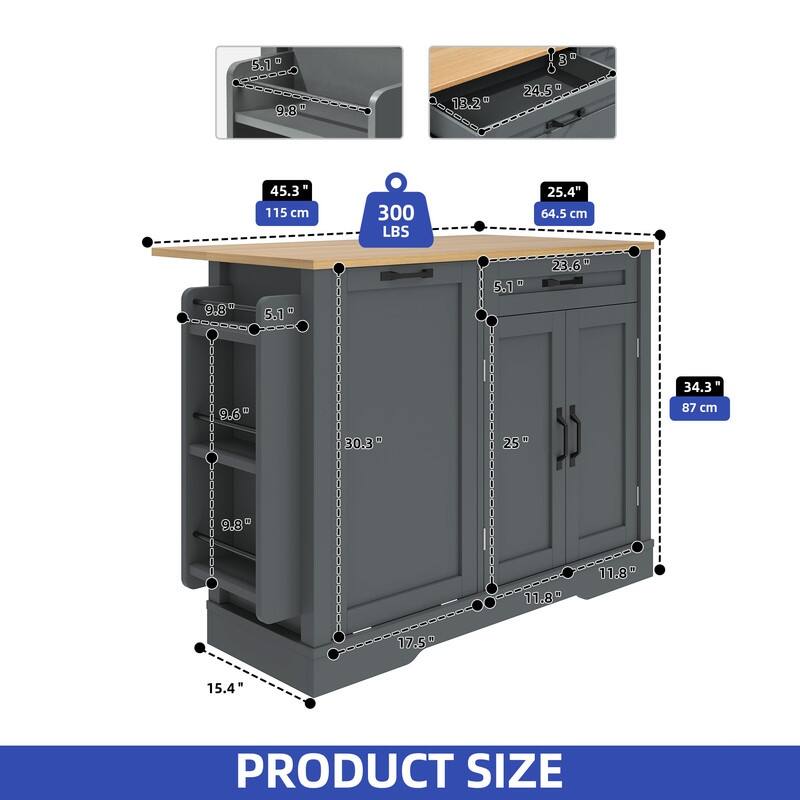 Moasis 50 Inch Drop Leaf Rolling Kitchen Island With Trash Can Storage Cabinet And Drawer