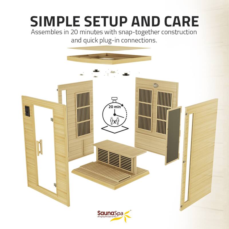 SaunaSpa 2-Person 1.8KW Carbon FAR Infrared Infrared Hemlock Wooden Indoor Home Sauna Room with LED Touch Control Panel