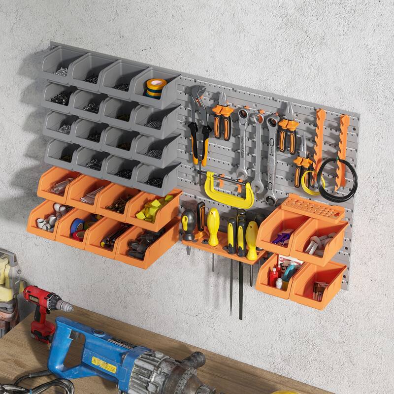 DURHAND 44 Piece Wall Mounted Pegboard Tool Organizer Rack Kit with Various Sized Storage Bins, Pegboard, & Hooks, Orange