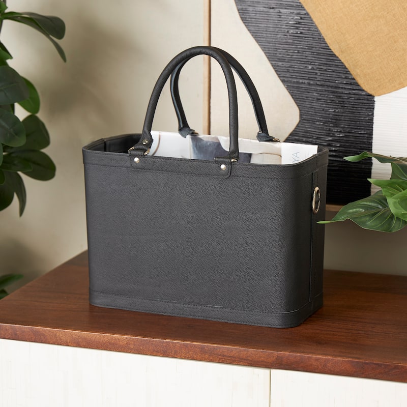 Leather Handmade Box Style Single Slot Magazine Holder with Arched Handles - Black - Roche River Decor