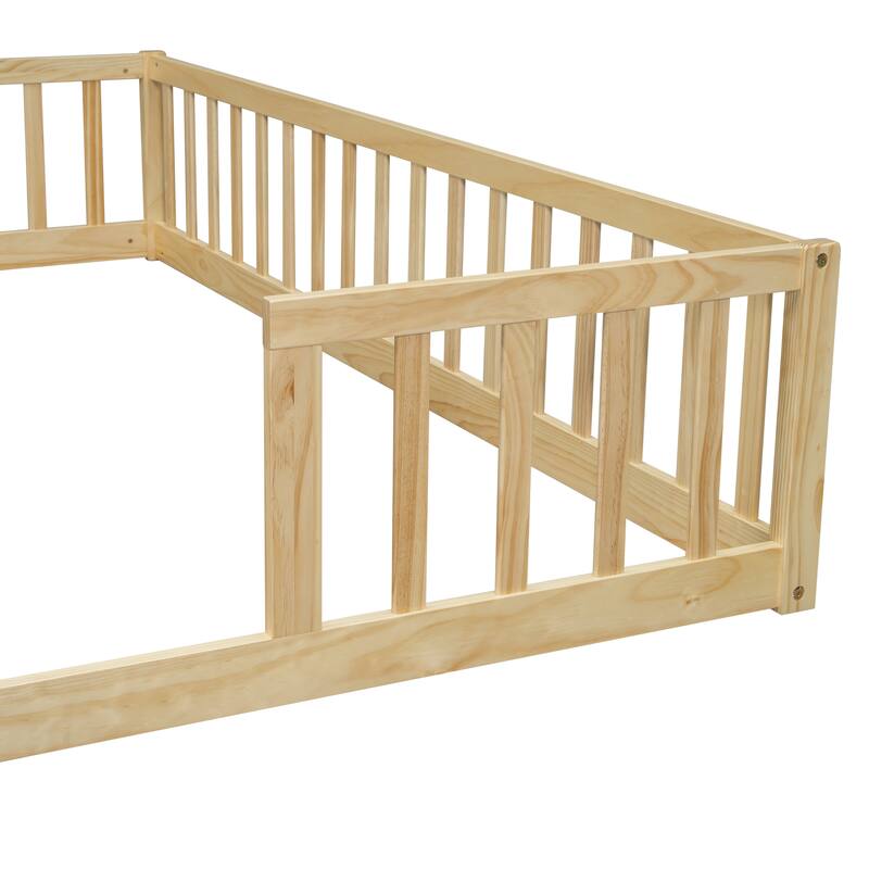 Double Twin Floor Bed with Fence, Guardrails, without door