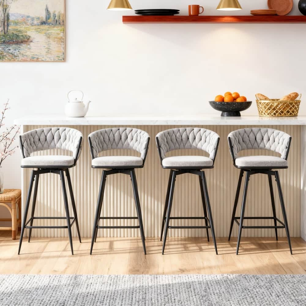 Set of 4 Swivel Bar Stools with Linen Cushions, Beige Seats & Black Iron Frames for Kitchen Island