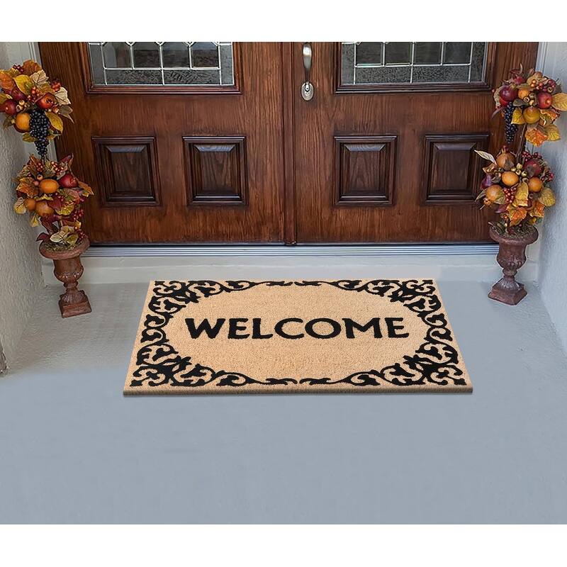 A1HC Natural Coir Flocked Doormat with Heavy Duty Non-Slip PVC Backing Fade Resistant, Pet Friendly Outdoor Welcome Mat