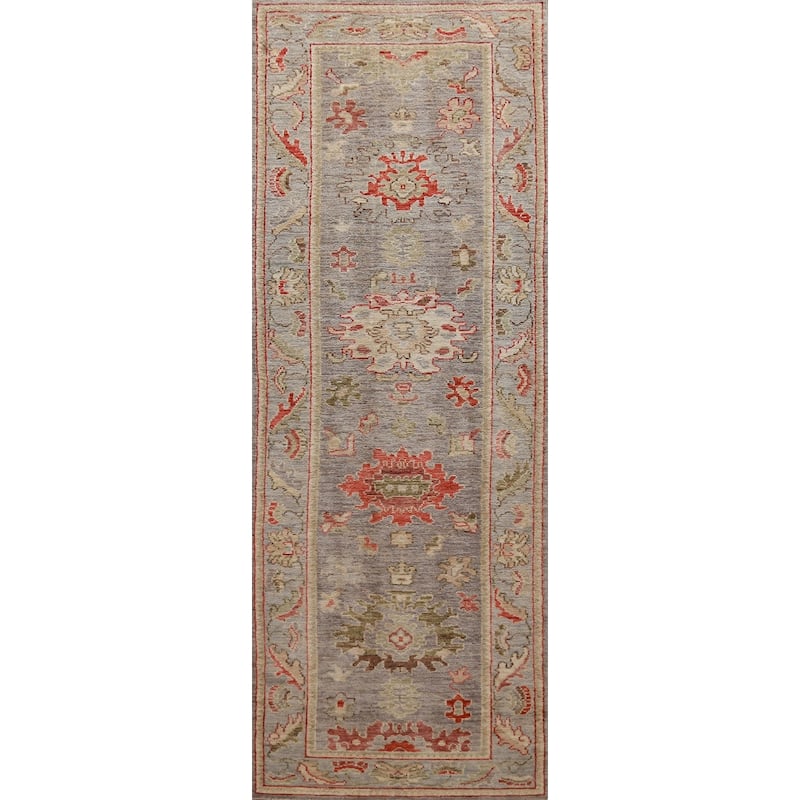 Hand Knotted Oriental 100% Wool Carpet Transitional All-Over Greys & Charcoal Oushak Runner Rug - 9' 9'' X 2' 8''