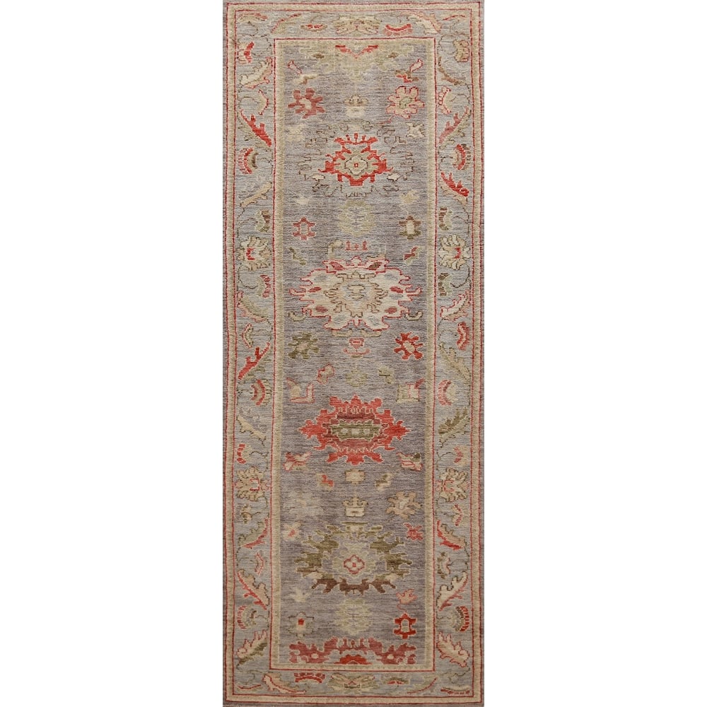 Hand Knotted Oriental 100% Wool Carpet Transitional All-Over Greys & Charcoal Oushak Runner Rug - 9' 9'' X 2' 8''