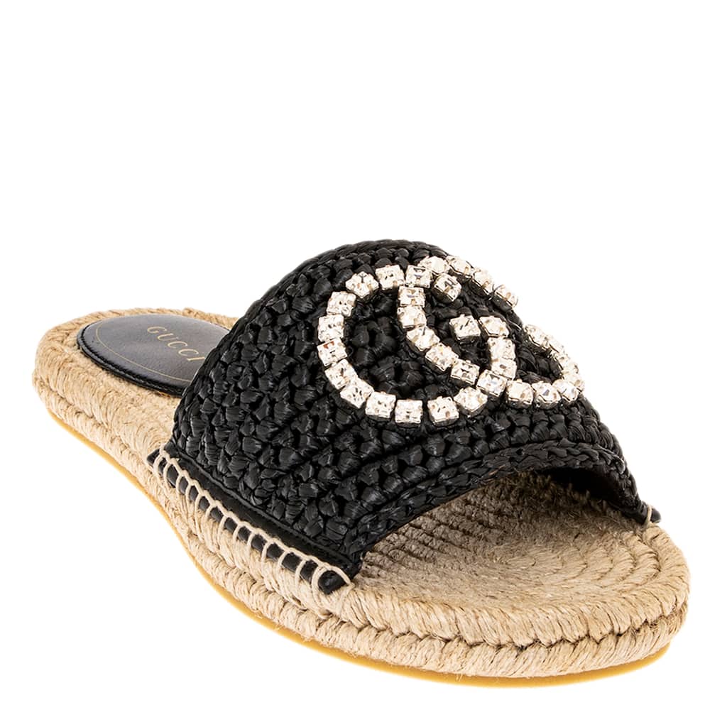 Gucci GG Crystal Embellished Raffia Slides