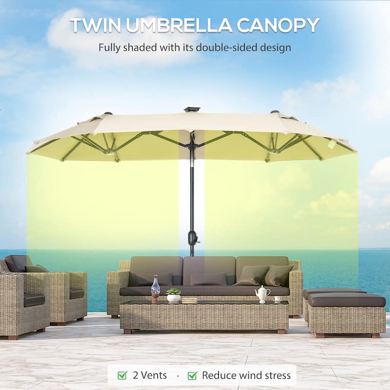 Outsunny Double-sided Patio Umbrella with Solar Lights and Sandbag Base, Outdoor Table Umbrella with Push Button Tilt, Crank