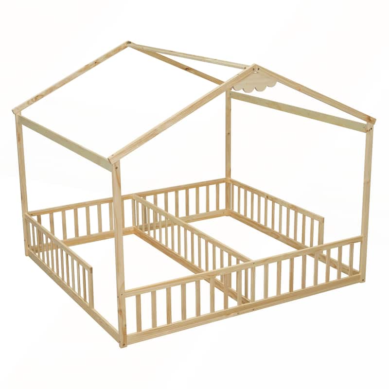 Double Twin House-Style Floor Bed with Fence
