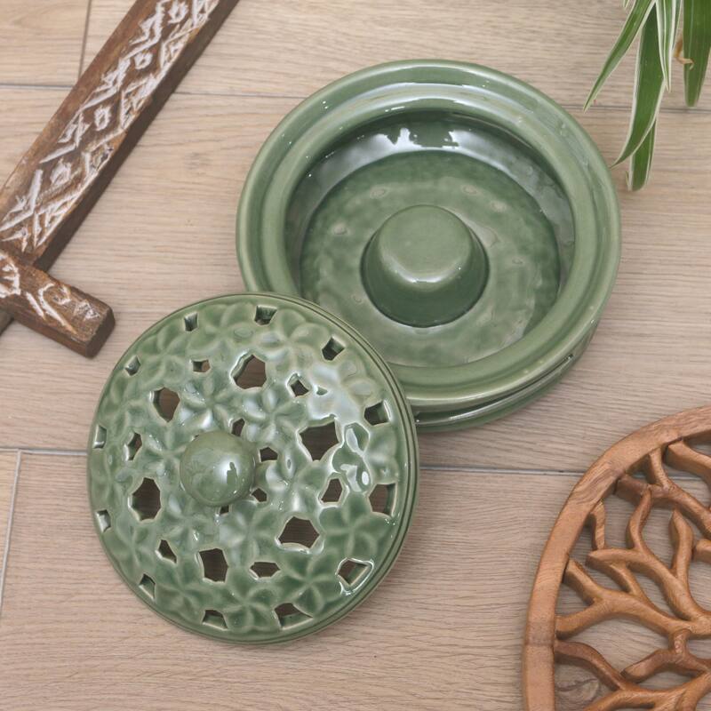 Novica Handmade Plumeria Blooms In Green Porcelain Mosquito Coil Holder