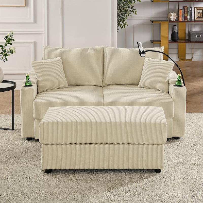Deep Seat Loveseat Sectional Sofa Corduroy Upholstered Lounge Couch with Ottoman, Storage Armrests, Cup Holders and Phone Stand - Beige