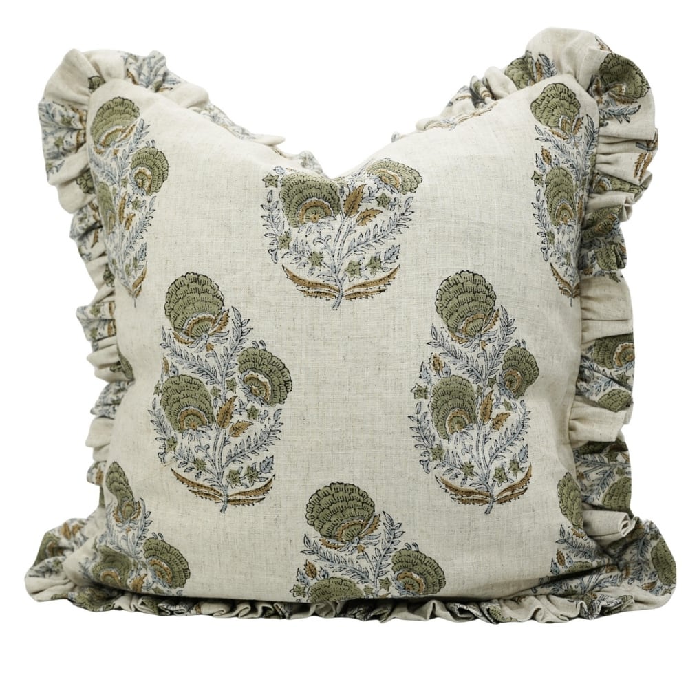 Fabdivine Viscose Linen Floral Frill Pillow Cover Both Side Print Hand Block Cushion