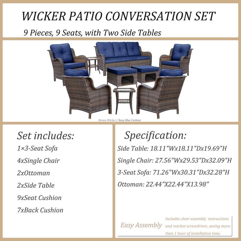 9 Piece Outdoor Patio Conversation Wicker Furniture Sofa Seating Sets